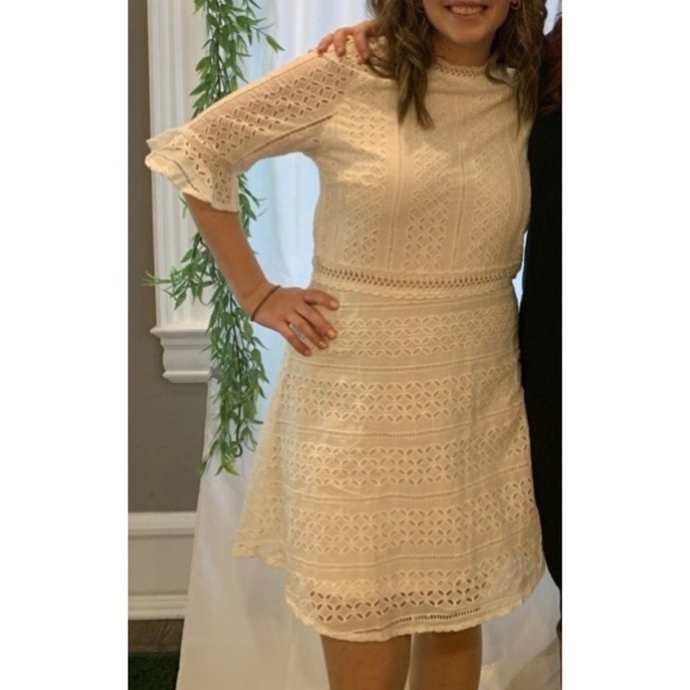 White eyelet lace half sleeve a line dress